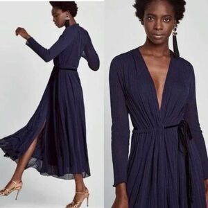 Zara Crossover Wrap Long Dress Velvet Belt Midnight Blue Size Small